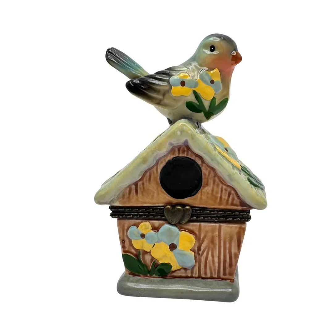 Bird Green Birdhouse Floral Trinket Box with a White Bird Figurine 2
